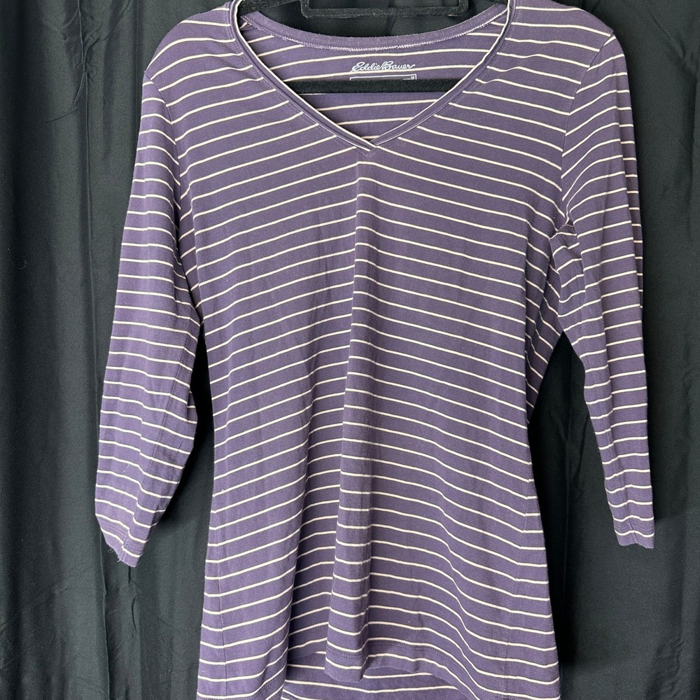 Eddie Bauer Womens Purple Tan Striped V-Neck Long Sleeve T-Shirt Size M